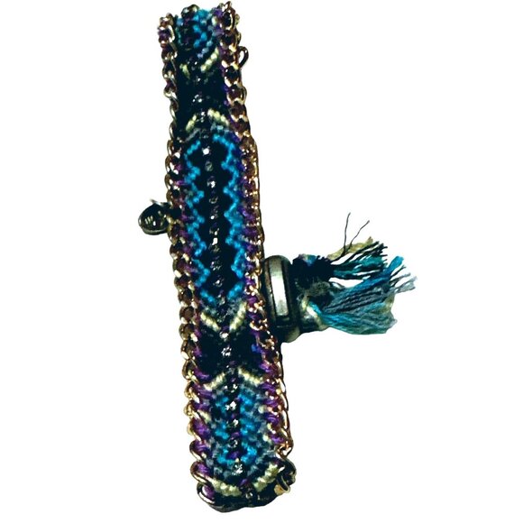 Western Boho Chic Woven Rhinestones Bracelet Blue Reversible Adjustable - Picture 3 of 11
